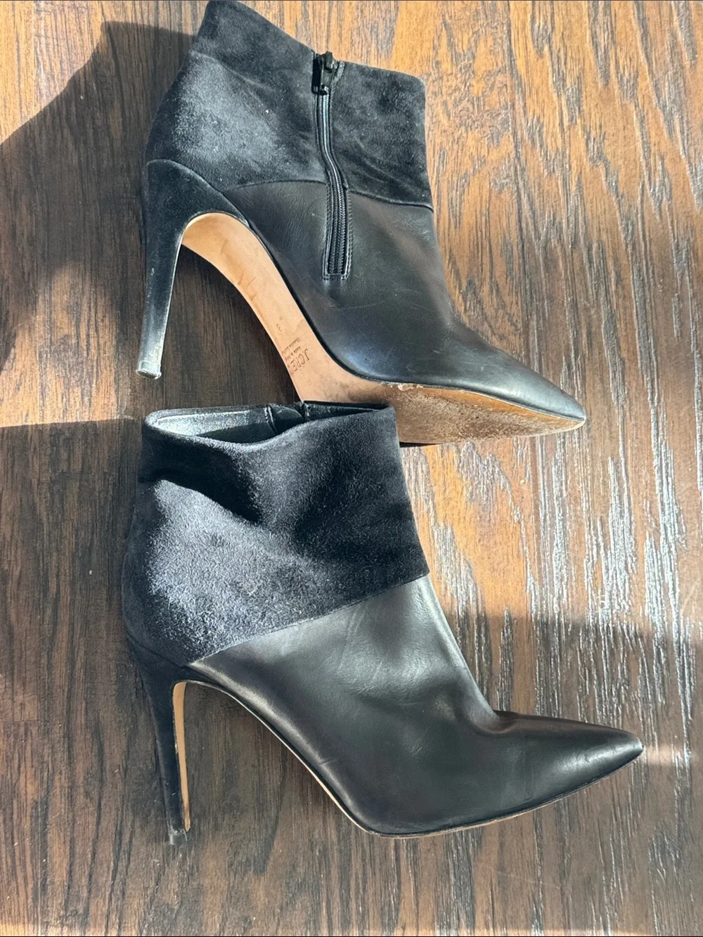 J. Crew Black Leather Pointed-Toe Ankle Booties with Suede Collar